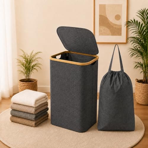 Bamboo Laundry Basket,Removable Bag, Foldable Clothes Hamper,Charcoal, 85L — view 3