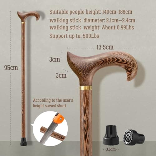 ispuoocti Wooden Walking Stick, Derby Ergonomic Natural Wood Cane, Handmade High Load Bearing Walking Sticks for Men Women Elderly Brown — view 6