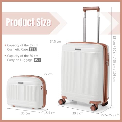 COSTWAY 2-Piece Cabin Luggage Set, Lightweight 20 Inch Carry-on Suitcase with 14” Cosmetic Case, TSA Lock, USB Port & Spinner Wheels, Airline Approved Expandable Trolley Luggage Travel Case (White) — view 6