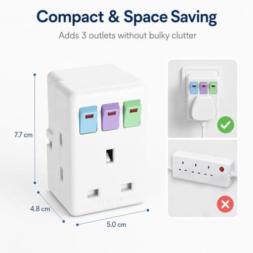 3 Way Plug Adapter UK, Multi Plug Adaptor with Individual Switches — view 4