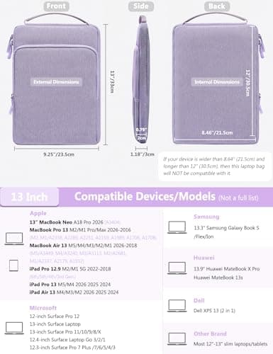 HYZUO 13 Inch Laptop Bag Sleeve Case for MacBook Air 13 M5, Lilac Purple — view 4