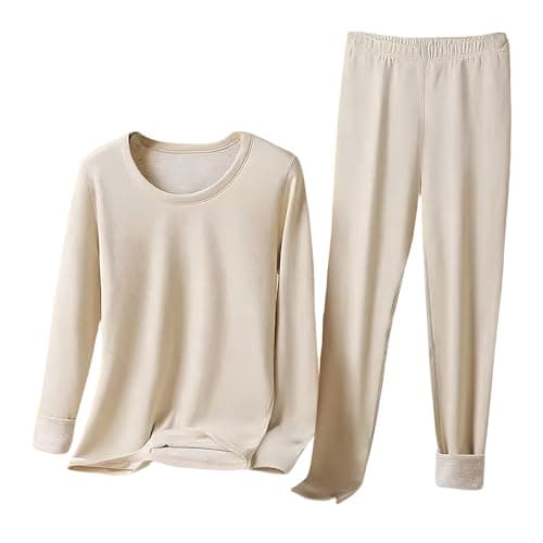 Thermal Underwear Set Women, Fleece Lined Base Layer Long Johns, Long Sleeved Top with Crew Neck, Ladies Warm Underlayer Suit Soft Tops & Bootoms for Ski Cold Weather Beige