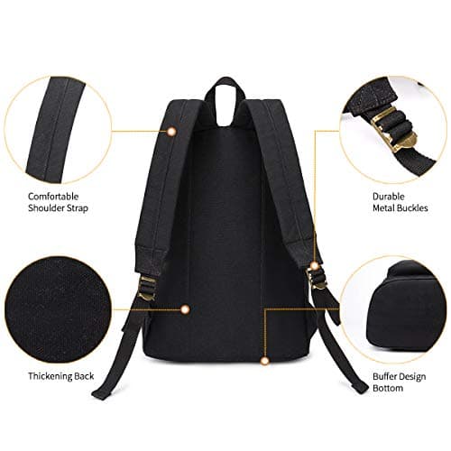 seemeroad Canvas Vintage Backpack Lightweight Travel Daypack Laptop Backpack College Student Rucksack for Men Women (Black) — view 3