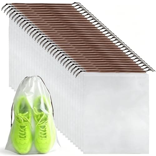 Shoe Bags for Travel PLULON Drawstring Travel Shoe Bags for Packing Waterproof Dustproof Shoes Organizer Pouch Travel Accessories for Portable Travel Essentials (32, Clear with Brown String)