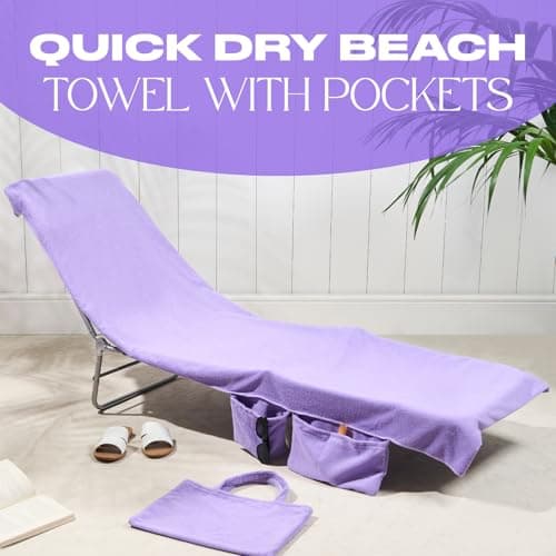 Brentfords Sun Lounger Towels with Pockets, Large Beach Towel in a Bag Sunlounger Holiday Accessories Swimming Pool Quick Dry Sunbed Towel, 215 x 75cm, Purple — view 2