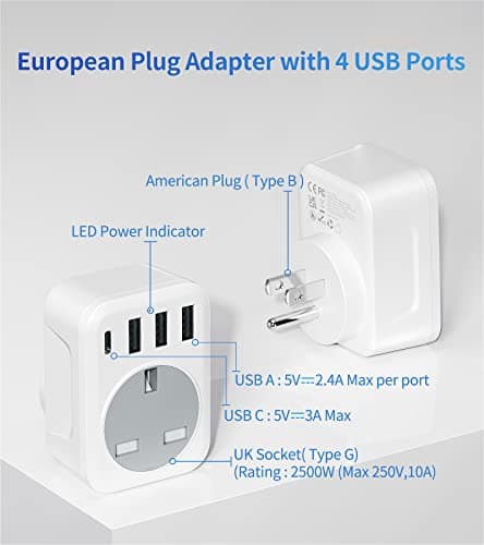 FSTravelP UK to US Plug Adapter with 4 USB Ports US Travel Adapter with 3 USB A & Type C Wall Plug USA Plug Adaptor UK to USA Travel Plug Trip to US Canada Mexico Thailand and More(Type B) — view 2