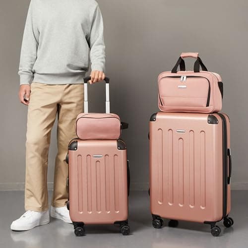 Amazon Basics Hardside Spinner Luggage Set, 4-Piece, Large Suitcase, Carry-On Suitcase, Tote Bag, Compact Travel Bag, Expandable, 4 Spinner Wheels, Rose Gold — view 5
