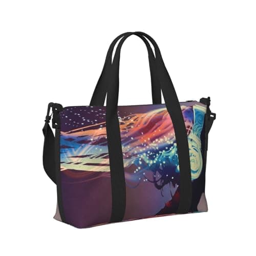 Woman with Glowing Headphones Print Travel Duffle Bag Lightweight Weekend Bag Travel Bag Holdall with Adjustable Strap for Weekend Trips Gym Travel Daily Use — view 3