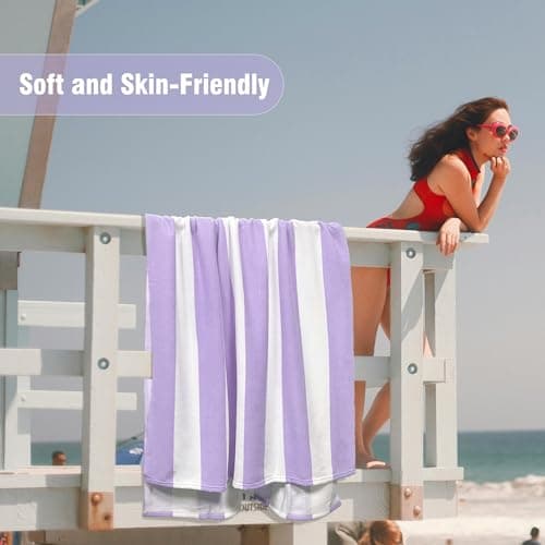 HENBAY Large Oversized Beach Towel - Fluffy 35 x 70 Inch Plush Microfiber Pool Towel, Purple Striped Quick Dry Cabana Swim Towel — view 4