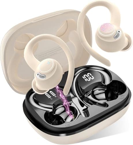 Sports Wireless Earbuds with EarHooks HiFi Stereo Sound with ENC Mic, Beige