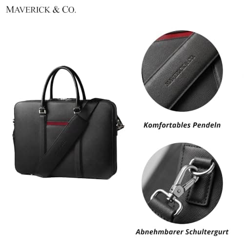 Maverick & Co. Manhattan Genuine Saffiano Leather Briefcase for Men - Slim Professional Laptop Bag for Work & Business Travel, Fits 16" Laptop (Black-Racing Red) — view 5