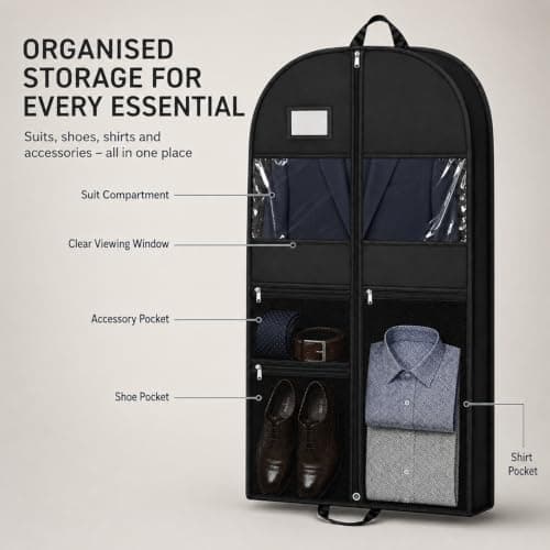 Garment Bag for Travel, 110 x 60 x 10 cm Foldable Suit Bag with Handles, 3 Zipper Mesh Pockets and Clear Window, Suit Carrier for Men and Women, Business Trips and Weddings, Black 1 Pack — view 5