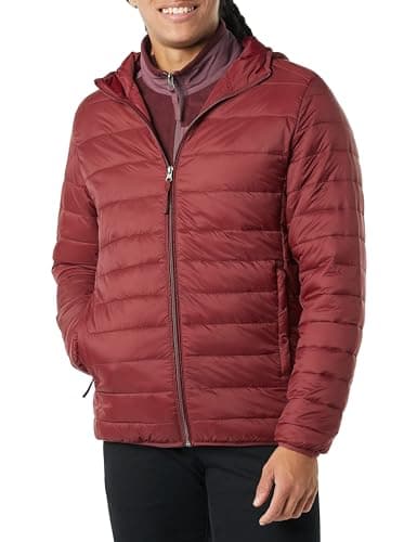 Amazon Essentials Men's Lightweight Water-Resistant Packable Hooded Puffer Jacket, Dark Red, L