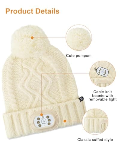 BERGWEISER Kids LED Beanie with Light, 3 Modes Headlamp Beanie Hat, Rechargable Removable USB, Gift, Cream Cable, One size — view 2