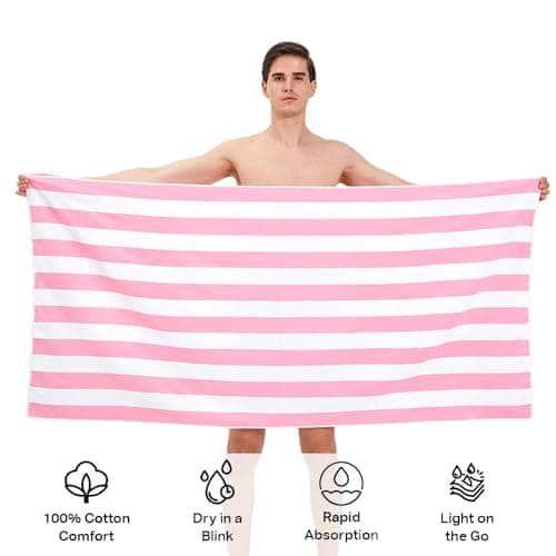 Large Quick Dry Microfibre Beach Bath Towel for Adult,Double Sides Pink White Striped Sand Free Beach Towel with Bag,Lightweight Gym Yoga Sports Towel,Compact Travel Summer Beach Towel for Women Men — view 3