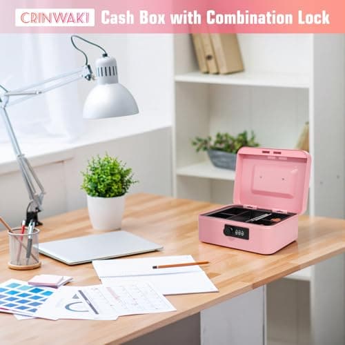 Cash Box with Combination Lock, Money Tin Box with Coin Tray, Lockable Cash Tin for Money Saving 20 * 16 * 9cm (Pink) — view 2