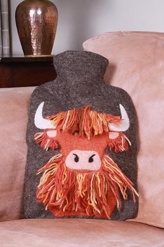 Pachamama Handfelted 100% Wool Hot Water Bottle Cover and 2 Litre Hot Water Bottle - Hairy Highland Cow Pattern Handmade Fair Trade Multicoloured Thermal — view 5