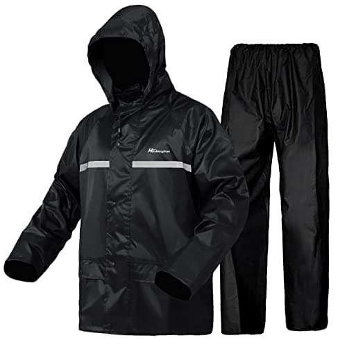 QUANYONG Rain Suit for Men Women, Lightweight Waterproof Rain Coat (Jacket + Trousers) Sets Windproof Hooded Rain Gear Work wear (Black, XL)