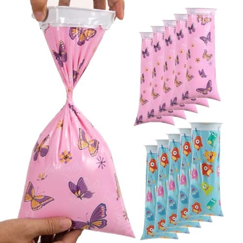 20Pcs Sick Bags with Cartoon Pattern, Disposable Vomit Bags for Travel, Leakproof Sickness Bags Barf Bags for Nausea and Vomiting for Children and Adults, Blue-Green Monsters and Pink Butterflies