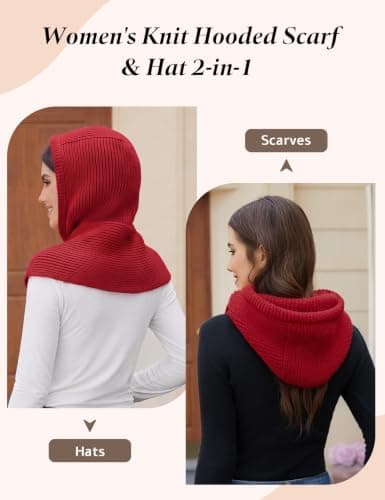 heekpek Hooded Scarf for Women 2 in 1 Hat Scarf Red — view 3