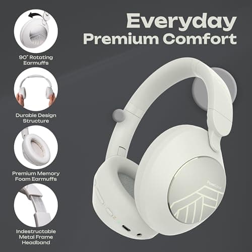 PowerLocus Wireless Headphones Over Ear, Bluetooth Headphones, 4 EQ Modes, 70H Playtime, Hi-Fi Stereo, ENC with Microphone, Soft Memory Foam Earmuffs, Foldable for iPhone/PC/Travel/TV (Sand) — view 2