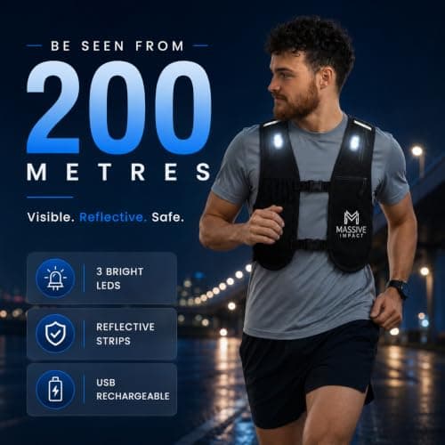 Massive Impact Running Vest with Water Bottles (2×500ml) & 3 LED Lights | Lightweight Reflective Hydration Vest with Phone Holder & 6 Pockets | Adjustable Running Backpack for Men & Women — view 3