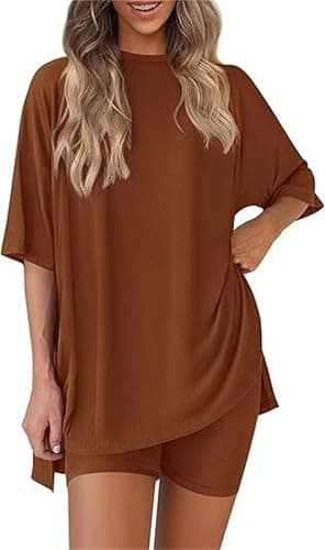 Womens 2 Piece Lounge Sets Summer Spring Oversized Shirt Biker Shorts Casual Travel Beach Matching Outfits with Pockets 2026 (E,S)