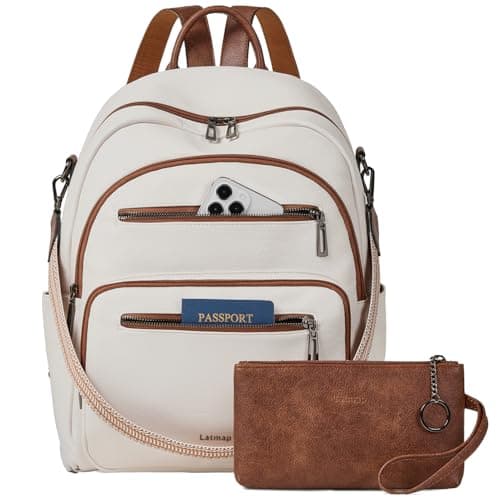 LATMAP 32L Vegan Leather backpack Women 14.5"x8.5"x16",Laptop Backpack for Women College Daypack Work Handbag Travel fits 14" Laptop Business,Beige
