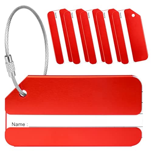 Yizhet Luggage Tags, 6 Pcs Suitcase Tags Aluminum Alloy with Steel Loop & Waterproof Name ID Card for Travel Bag, Checked Luggage, Suitcases, Laptop Bags, Backpacks, 8 x 4cm, Red