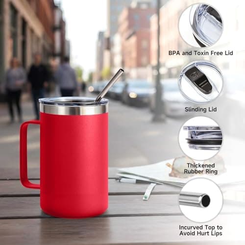 Volhoply 470ml (16oz) Insulated Coffee Mug with Lid and Straw, Stainless Steel Travel Mugs with Handle, Double Wall Vacuum Leak Proof Coffee Tumbler Cup (Red,1) — view 6