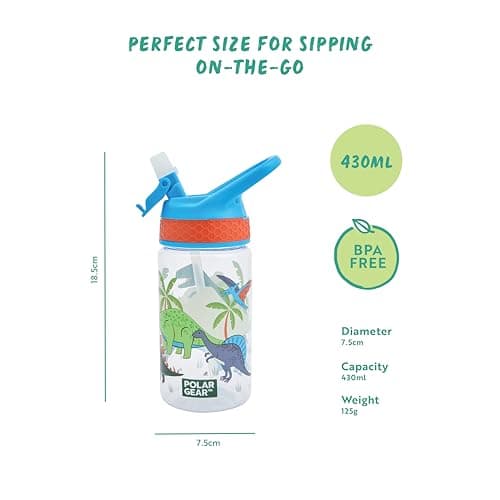 Polar Gear 430ml Kids Bottle with Easy Open Flip Cap - BPA Free, Spill-Proof Soft Spout, Secure Screw Cap Closure, Suitable for Ages 48 Months and Up - Dinosaur, Blue — view 4