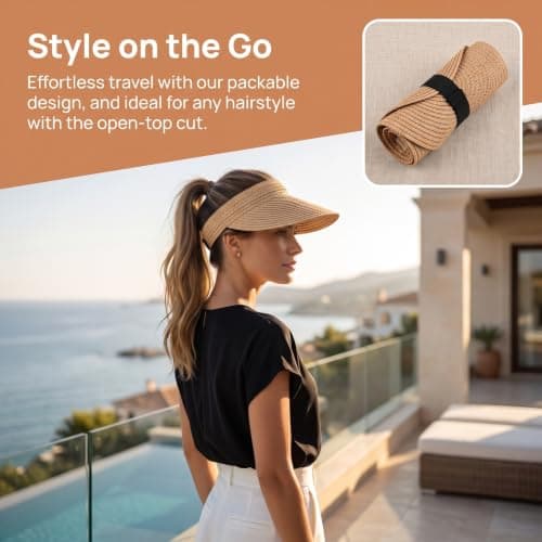 Meralo Womens Sun Hat Wide Brim Straw Visor Khaki — view 6