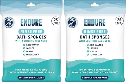 Endure Rinse Free Bath Shower Sponge - Body Wash Wipes for Bathing - Perfect for Camping, Festivals, Gym and Travel - Dry Sponge Wipes with Gentle Cleansing Soap. Just add Water (25 Per Pack).