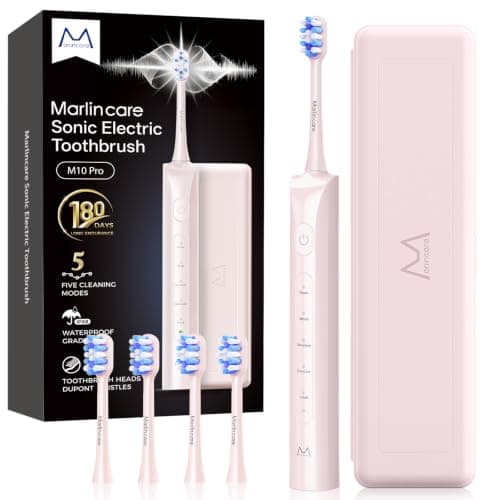Marlincare Electric Toothbrush for Adults, Sonic Toothbrushes with 5 Modes, 4 Brush Heads, Travel Case, 55000 VPM, 180 Days Battery Life, Smart Timer, Rechargeable Toothbrush for Home Travel (Pink)