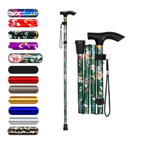 HATAF Adjustable Folding Walking Stick 85-95cm for Men, Women & Ladies – Lightweight Collapsible Cane, Balance Support & Non-Slip Tip, Mobility Aid for Seniors, Elderly & Disabled (Green Flowers)