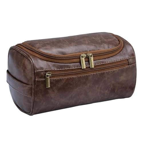 PU Leather Toiletry Bag for Men, Dark Brown Wash Bag for Travel, Gym & Shaving, Dry & Wet Separation with 3 Compartments - Perfect Men's Washbag (TeaColour)