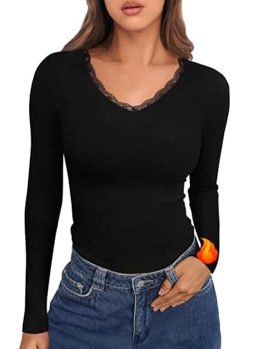 Crewhpo Womens Thermal Tops Long Sleeve Lace V Neck Base Layer Slim Fit