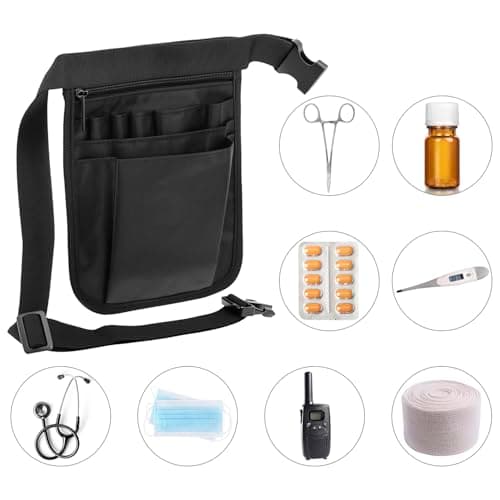 QWORK® Nurse Pouch Waist Bag, Multi Compartment Nursing Bag Pocket Belt Organizer for Medical Supplies Scissors Bandage, 10" x 7", Black — view 5