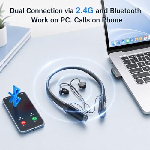 Rampage 2 Bluetooth Neckband Headphones with Mic for Work, Wireless Headset with 2.4G USB Dongle, Around-the-Neck Earbuds, 32H Battery, Low Latency, for Computer, Laptop, Meetings, Calls — view 5