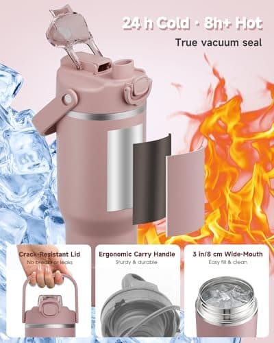 KANGZY Metal Water Bottle with Straw 1L/32oz – Vacuum Insulated Stainless Steel Flask, 2-in-1 Straw & Spout Lid, BPA-Free Leak-Proof Tumbler, Keeps Drinks Hot 8H+ / Cold 24H for Work, Travel Pink — view 4