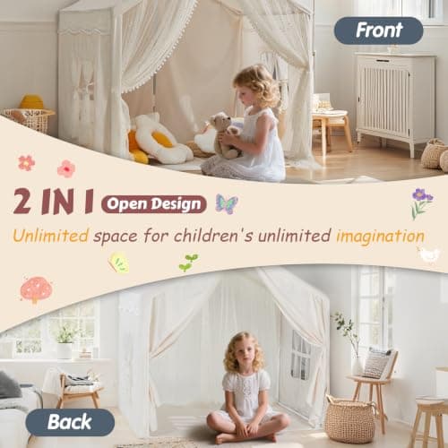 Kids Play Tent, Play Tent for Toddlers Age 3-12, Indoor Playhouse with Carry Bag, Safe PVC Frame & Breathable Cotton Canvas, Easy Setup, Encourages Imaginative Play (Beige) — view 2