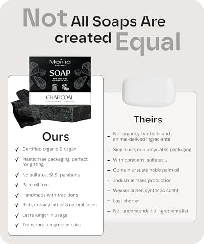 Meina Black Charcoal Soap Bar for Blemish Prone Skin, 100% Natural, Organic Certified, Face and Body, Vegan, Without Palm Oil, Plastic Free, Perfect for Travel and Sport, 100g — view 5
