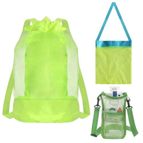 3Pcs Mesh Beach Toys Backpack Bag, Water Bottle Carrier, Large Portable & Foldable Sea Shell Bag With Adjustable Carrying Straps Set for Outdoor Activities (Green)