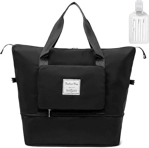 flintronic Travel Duffel Bag, Foldable Gym Bag Overnight Weekend Bags Women, Lightweight Hospital with Wet and Dry Separation Large Holdall Cabin for Sports - Black