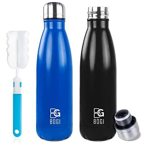 BOGI 2 Pack Insulated Water Bottle, 500ml Stainless Steel, Keeps Drink Hot & Cold, Leakproof, Sport Water Bottle for Girls Boys, Black+dblue