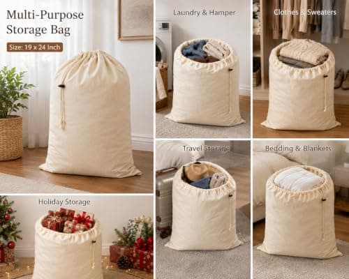 HB 4-Pack Cotton Large Drawstring Pouches 19" x 24" (48.2 x 60.9 cm) Muslin Grocery Home Storage Luggage Organizer Storage Dust-Proof Bags Cover for Shoes, Handbags, Backpacks — view 4
