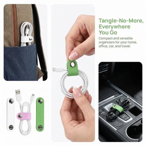 PU Leather Cable Tidy Straps, Reusable Cord Organiser, Portable Wire Management Ties for Charger Cables, Earphones, USB Cables, Home Office Travel (6 Pcs, Multicolor) — view 3