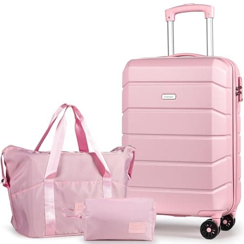 H.yeed Luggage Sets of 3 Piece, Lightweight Trolley Travel Suitcase Set ABS Hard Shell with 4 Spinner Wheels TSA Lock for Man Women, 21" + Duffels Bag & Toiletry Bag, Pink