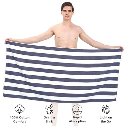 Large Quick Dry Microfibre Beach Bath Towel for Adult,Double Sides grey White Striped Sand Free Beach Towel with Bag,Lightweight Gym Yoga Sports Towel,Compact Travel Summer Beach Towel for Women Men — view 3