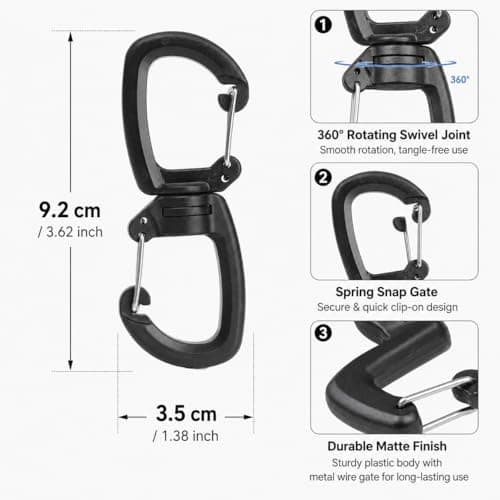LANQEAOR 4 Pack Double Carabiner Keychain Clips, 360° Rotating Dual Hook Key Holders, Quick Release Snap Hooks for Keys, Backpacks, Water Bottles and Everyday Carry, Black — view 2